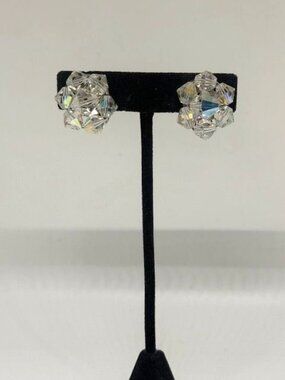 Vintage Aurora Borealis Beaded Cluster Clip On Earrings